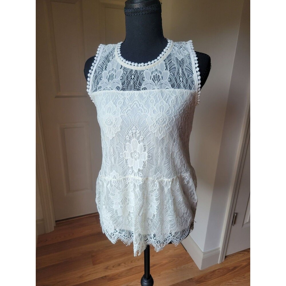 Paper + Tee Ivory Lace Sleeveless Peplum Top Blouse Pom Pom Trim Size L